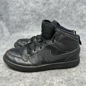 Nike Air Jordan 1 Mid Triple Black Boys Shoes Size 2.5Y 640734-030 Leather
